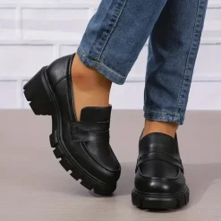 Women's Chunky Platform Loafers – Black Slip-On Round Toe Lug Sole Shoes for Casual & Office Wear