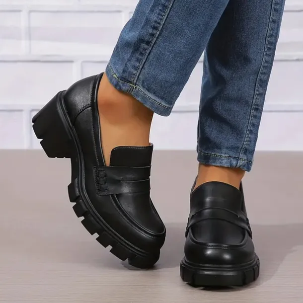 Women's Chunky Platform Loafers – Black Slip-On Round Toe Lug Sole Shoes for Casual & Office Wear