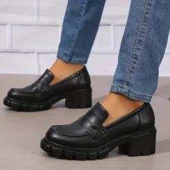 Women's Chunky Platform Loafers – Black Slip-On Round Toe Lug Sole Shoes for Casual & Office Wear