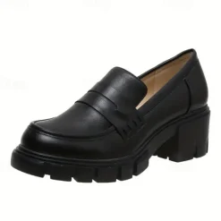 Women's Chunky Platform Loafers – Black Slip-On Round Toe Lug Sole Shoes for Casual & Office Wear