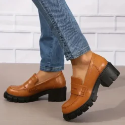 Women's Chunky Platform Loafers – Black Slip-On Round Toe Lug Sole Shoes for Casual & Office Wear