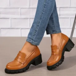 Women's Chunky Platform Loafers – Black Slip-On Round Toe Lug Sole Shoes for Casual & Office Wear