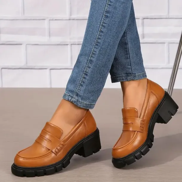 Women's Chunky Platform Loafers – Black Slip-On Round Toe Lug Sole Shoes for Casual & Office Wear