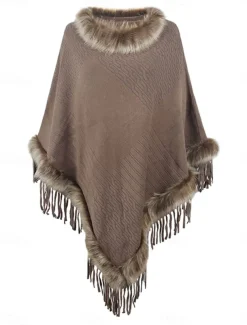 Women's Cloak / Capes Outdoor Street Daily Wear Fall Winter Regular Coat Regular Fit Thermal Warm Breathable Stylish Casual Jacket Long Sleeve Plain Tassel Fringe Faux Fur Trim Red Apricot Coffee