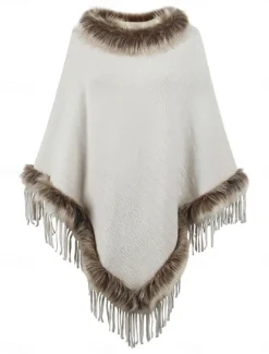 Women's Cloak / Capes Outdoor Street Daily Wear Fall Winter Regular Coat Regular Fit Thermal Warm Breathable Stylish Casual Jacket Long Sleeve Plain Tassel Fringe Faux Fur Trim Red Apricot Coffee