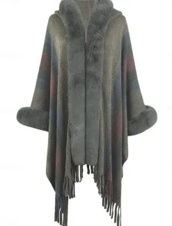 Women's Cloak / Capes Outdoor Street Daily Wear Fall Winter Regular Coat Regular Fit Thermal Warm Breathable Stylish Casual Jacket Long Sleeve Stripe Faux Fur Trim Khaki Apricot Gray