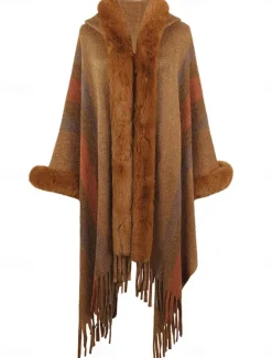 Women's Cloak / Capes Outdoor Street Daily Wear Fall Winter Regular Coat Regular Fit Thermal Warm Breathable Stylish Casual Jacket Long Sleeve Stripe Faux Fur Trim Khaki Apricot Gray