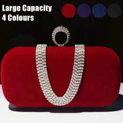 Women's Clutch Evening Bag Wristlet Clutch Bags Velvet Party Valentine's Day Bridal Shower Rhinestone Crystals Chain Large Capacity Lightweight Durable Solid Color Black Red Blue