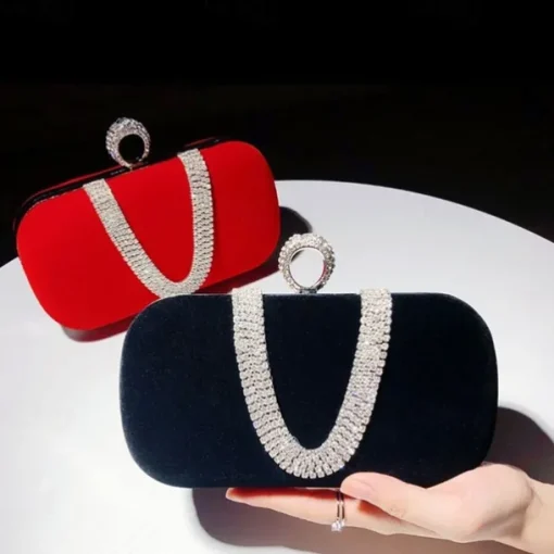 Women's Clutch Evening Bag Wristlet Clutch Bags Velvet Party Valentine's Day Bridal Shower Rhinestone Crystals Chain Large Capacity Lightweight Durable Solid Color Black Red Blue