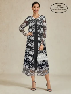 Women's Coat Breathable Lace Embroidered Elegant Floral Formal Wedding Party Long Crewneck Loose Fit Long Sleeve Outerwear Black Summer Spring