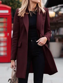 Women's Coat Outdoor Office Street Fall Winter Long Coat Regular Fit Thermal Warm Breathable Stylish Casual Jacket Long Sleeve Plain with Pockets Black Red Coffee