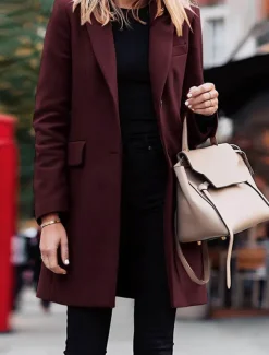 Women's Coat Outdoor Office Street Fall Winter Long Coat Regular Fit Thermal Warm Breathable Stylish Casual Jacket Long Sleeve Plain with Pockets Black Red Coffee