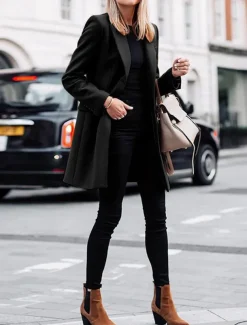 Women's Coat Outdoor Office Street Fall Winter Long Coat Regular Fit Thermal Warm Breathable Stylish Casual Jacket Long Sleeve Plain with Pockets Black Red Coffee