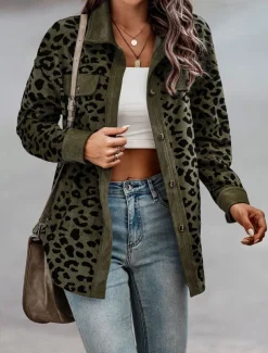 Women's Coat Outdoor Street Daily Spring Fall Regular Coat Regular Fit Windproof Breathable Stylish Casual Street Style Jacket Long Sleeve Leopard Print Army Green Green Apricot