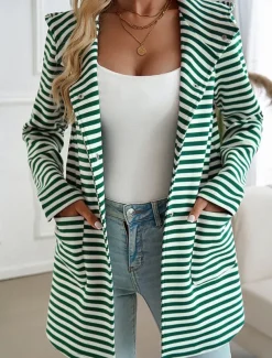 Women's Coat Outdoor Street Daily Wear Fall Winter Regular Coat Regular Fit Thermal Warm Breathable Stylish Casual Jacket Long Sleeve Stripe with Pockets Print Black Blue Brown