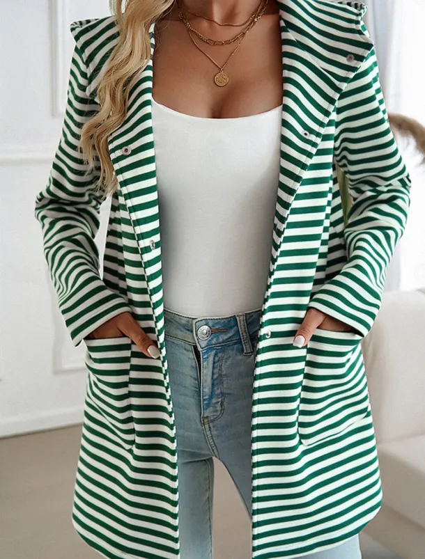 Women's Coat Outdoor Street Daily Wear Fall Winter Regular Coat Regular Fit Thermal Warm Breathable Stylish Casual Jacket Long Sleeve Stripe with Pockets Print Black Blue Brown