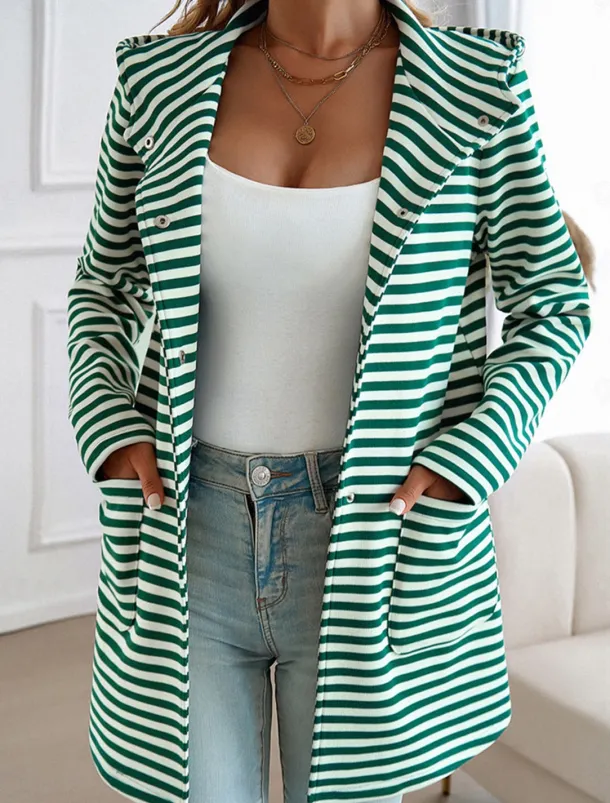 Women's Coat Outdoor Street Daily Wear Fall Winter Regular Coat Regular Fit Thermal Warm Breathable Stylish Casual Jacket Long Sleeve Stripe with Pockets Print Black Blue Brown