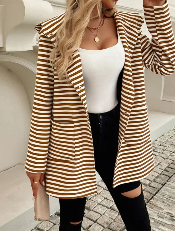 Women's Coat Outdoor Street Daily Wear Fall Winter Regular Coat Regular Fit Thermal Warm Breathable Stylish Casual Jacket Long Sleeve Stripe with Pockets Print Black Blue Brown