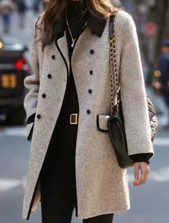 Women's Coat Outdoor Street Daily Wear Fall Winter Long Coat Regular Fit Thermal Warm Breathable Stylish Casual Jacket Long Sleeve Plain Stripes and Plaid with Pockets Gray