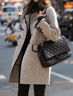 Women's Coat Outdoor Street Daily Wear Fall Winter Long Coat Regular Fit Thermal Warm Breathable Stylish Casual Jacket Long Sleeve Plain Stripes and Plaid with Pockets Gray