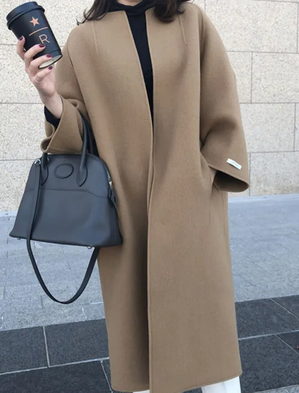 Women's Coat Warm Breathable Pocket Oversized Fashion OL Style Modern Street Style Solid Color Outdoor Street Shopping Daily Wear Cardigan Long Crewneck Regular Fit Long Sleeve Outerwear Navy Black