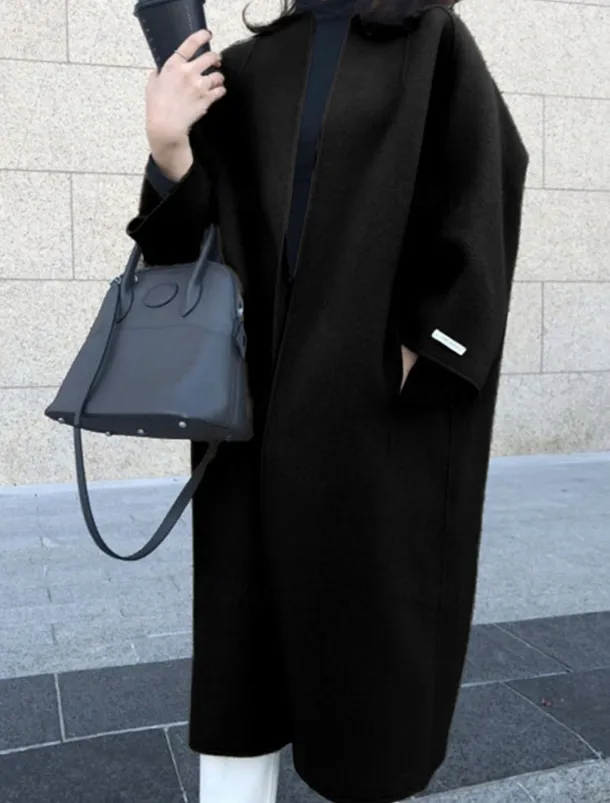 Women's Coat Warm Breathable Pocket Oversized Fashion OL Style Modern Street Style Solid Color Outdoor Street Shopping Daily Wear Cardigan Long Crewneck Regular Fit Long Sleeve Outerwear Navy Black