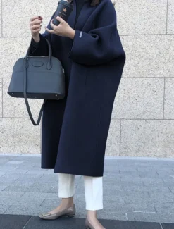 Women's Coat Warm Breathable Pocket Oversized Fashion OL Style Modern Street Style Solid Color Outdoor Street Shopping Daily Wear Cardigan Long Crewneck Regular Fit Long Sleeve Outerwear Navy Black