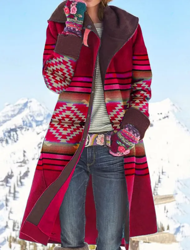 Women's Coat Warm Comfortable Pocket Casual Geometric Daily Wear Single Breasted Turndown Loose Fit Long Sleeve Outerwear Black Red Green Fall Winter