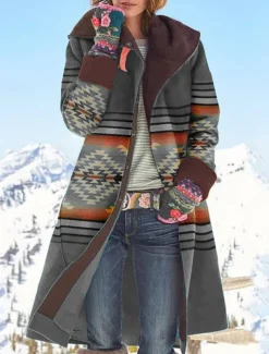 Women's Coat Warm Comfortable Pocket Casual Geometric Daily Wear Single Breasted Turndown Loose Fit Long Sleeve Outerwear Black Red Green Fall Winter