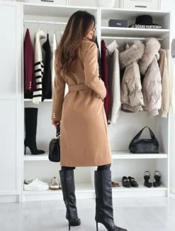 Women's Coat Warm Comfortable Buttons With Belt Elegant Solid Color Casual Daily Double Breasted V Neck Regular Fit Long Sleeve Outerwear Black Khaki Apricot Winter