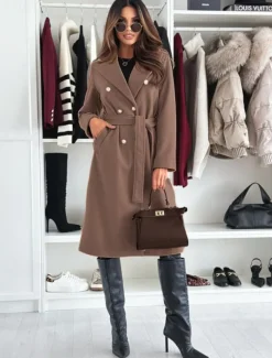 Women's Coat Warm Comfortable Buttons With Belt Elegant Solid Color Casual Daily Double Breasted V Neck Regular Fit Long Sleeve Outerwear Black Khaki Apricot Winter