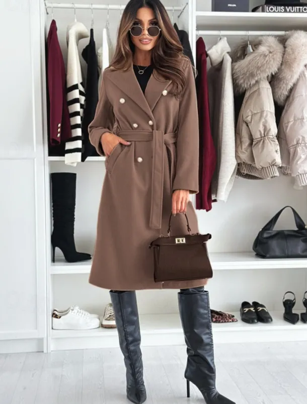 Women's Coat Warm Comfortable Buttons With Belt Elegant Solid Color Casual Daily Double Breasted V Neck Regular Fit Long Sleeve Outerwear Black Khaki Apricot Winter