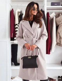 Women's Coat Warm Comfortable Buttons With Belt Elegant Solid Color Casual Daily Double Breasted V Neck Regular Fit Long Sleeve Outerwear Black Khaki Apricot Winter