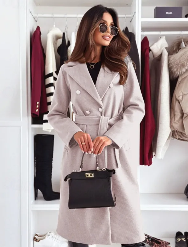 Women's Coat Warm Comfortable Buttons With Belt Elegant Solid Color Casual Daily Double Breasted V Neck Regular Fit Long Sleeve Outerwear Black Khaki Apricot Winter