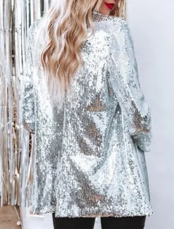 Women's Coat Wedding Guest Sequin Solid Color Comfortable Fashion Regular Fit Outerwear Long Sleeve Spring Silver S