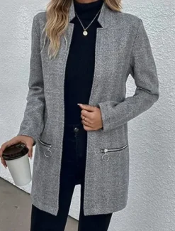 Women's Coat Work Pocket Zipper Solid Color Simple Outerwear Fall Gray