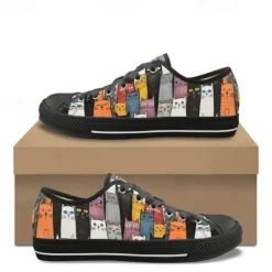 Women's Colorful Cat Print Canvas Sneakers – Cute Lace-Up Casual Shoes for Cat Lovers, Daily Wear & Walking