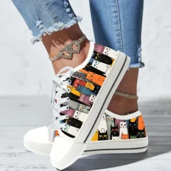 Women's Colorful Cat Print Canvas Sneakers – Cute Lace-Up Casual Shoes for Cat Lovers, Daily Wear & Walking