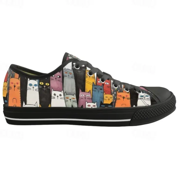 Women's Colorful Cat Print Canvas Sneakers – Cute Lace-Up Casual Shoes for Cat Lovers, Daily Wear & Walking