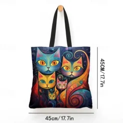 Women's Colorful Cat Print Tote Bag, Artistic Design with Large Capacity, Perfect for Daily Use or Shopping