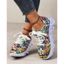 Women's Colorful Graphic Print Sneakers – Trendy Lightweight Lace-Up Athletic Shoes with Cushioned Sole