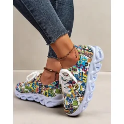 Women's Colorful Graphic Print Sneakers – Trendy Lightweight Lace-Up Athletic Shoes with Cushioned Sole