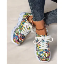 Women's Colorful Graphic Print Sneakers – Trendy Lightweight Lace-Up Athletic Shoes with Cushioned Sole