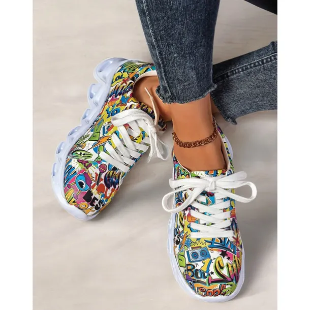 Women's Colorful Graphic Print Sneakers – Trendy Lightweight Lace-Up Athletic Shoes with Cushioned Sole