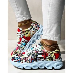 Women's Colorful Graphic Print Sneakers – Trendy Lightweight Lace-Up Athletic Shoes with Cushioned Sole