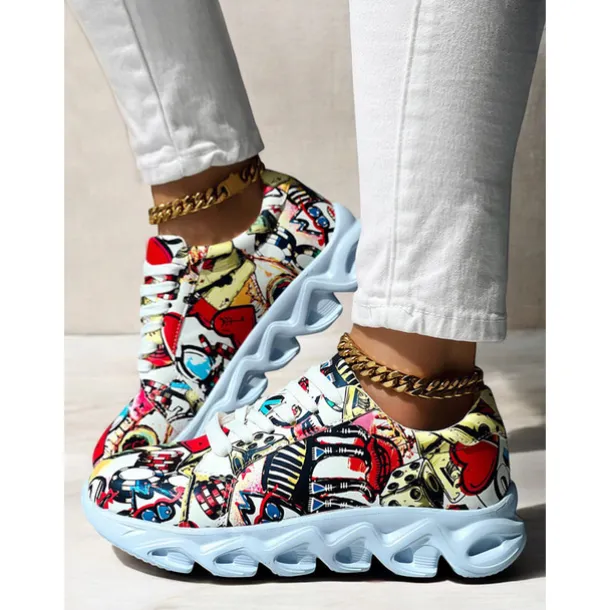 Women's Colorful Graphic Print Sneakers – Trendy Lightweight Lace-Up Athletic Shoes with Cushioned Sole