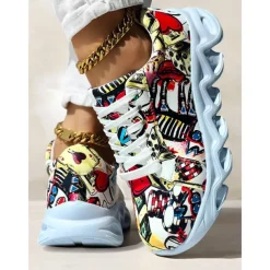 Women's Colorful Graphic Print Sneakers – Trendy Lightweight Lace-Up Athletic Shoes with Cushioned Sole