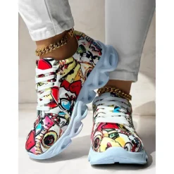 Women's Colorful Graphic Print Sneakers – Trendy Lightweight Lace-Up Athletic Shoes with Cushioned Sole