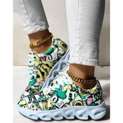 Women's Colorful Graphic Print Sneakers – Trendy Lightweight Lace-Up Athletic Shoes with Cushioned Sole