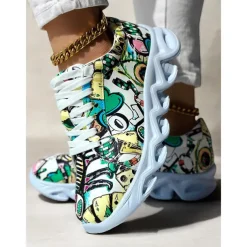 Women's Colorful Graphic Print Sneakers – Trendy Lightweight Lace-Up Athletic Shoes with Cushioned Sole